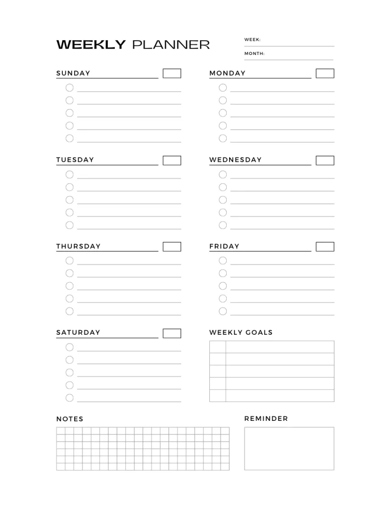 Simple weekly planner for 2025